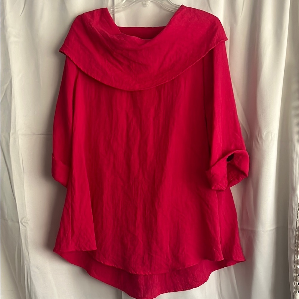 Yushi Cowl Neck Tunic Gauze Linen Look‎ Pink Red Size Small